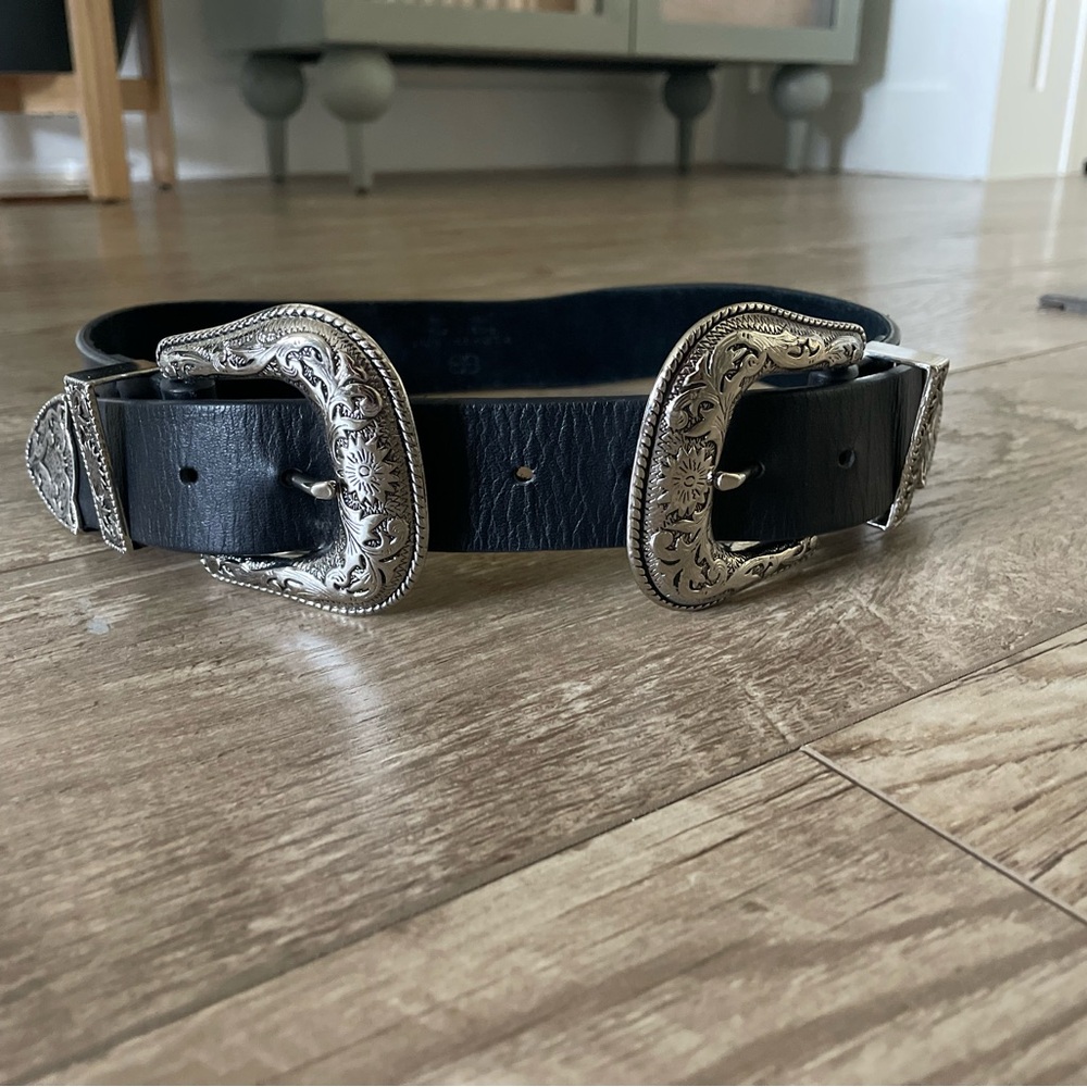 Black Leather Belt with Silver Buckles